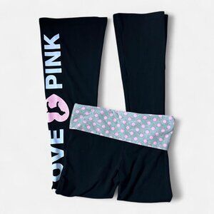 Victoria's Secret PINK black gray and pink polka dot flare fold over leggings